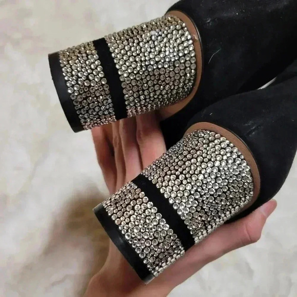 Stuart Weitzman Black Suede Leather Sock Boots Rhinestone Heel Diamond Size 9.5 - Picture 9 of 10